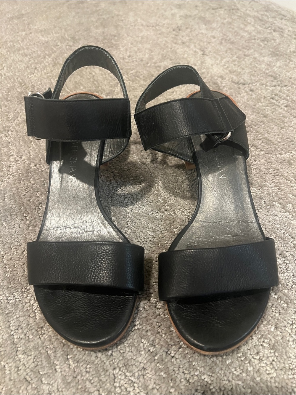 Stuart Weitzman Black Leather Block Heel Sandals with Adjustable Ankle Strap